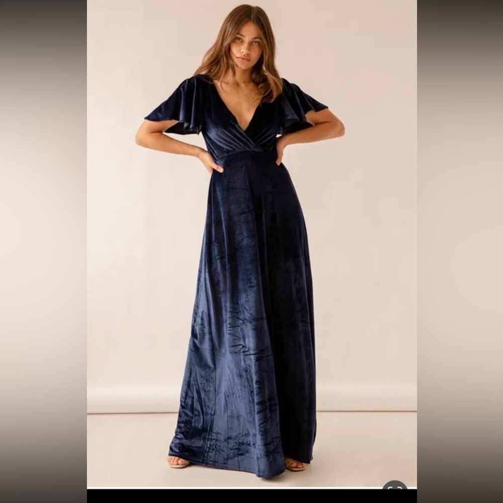 Lulus Navy Blue Velvet Flutter Sleeve Maxi Dress